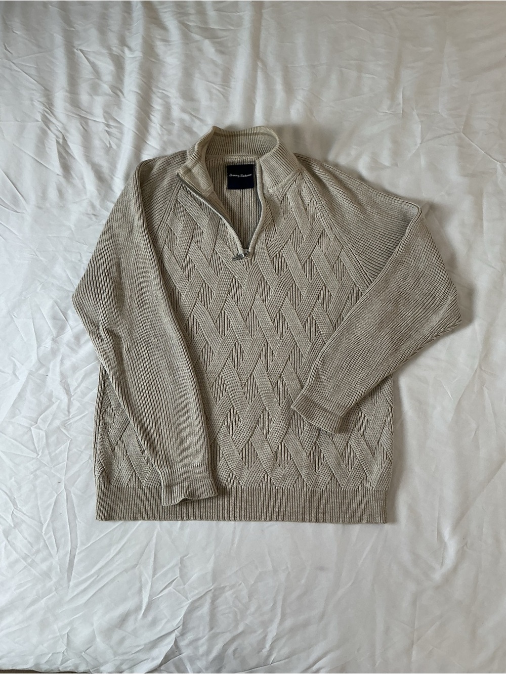Tommy Bahama Beige Lattice 1/4 Zip Cotton Sweater M